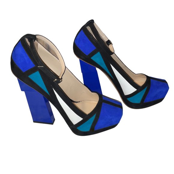 New Aperlai Geisha Mondrian Blue Suede Platform Heels Pumps Sz 38.5 Designer - Picture 1 of 13